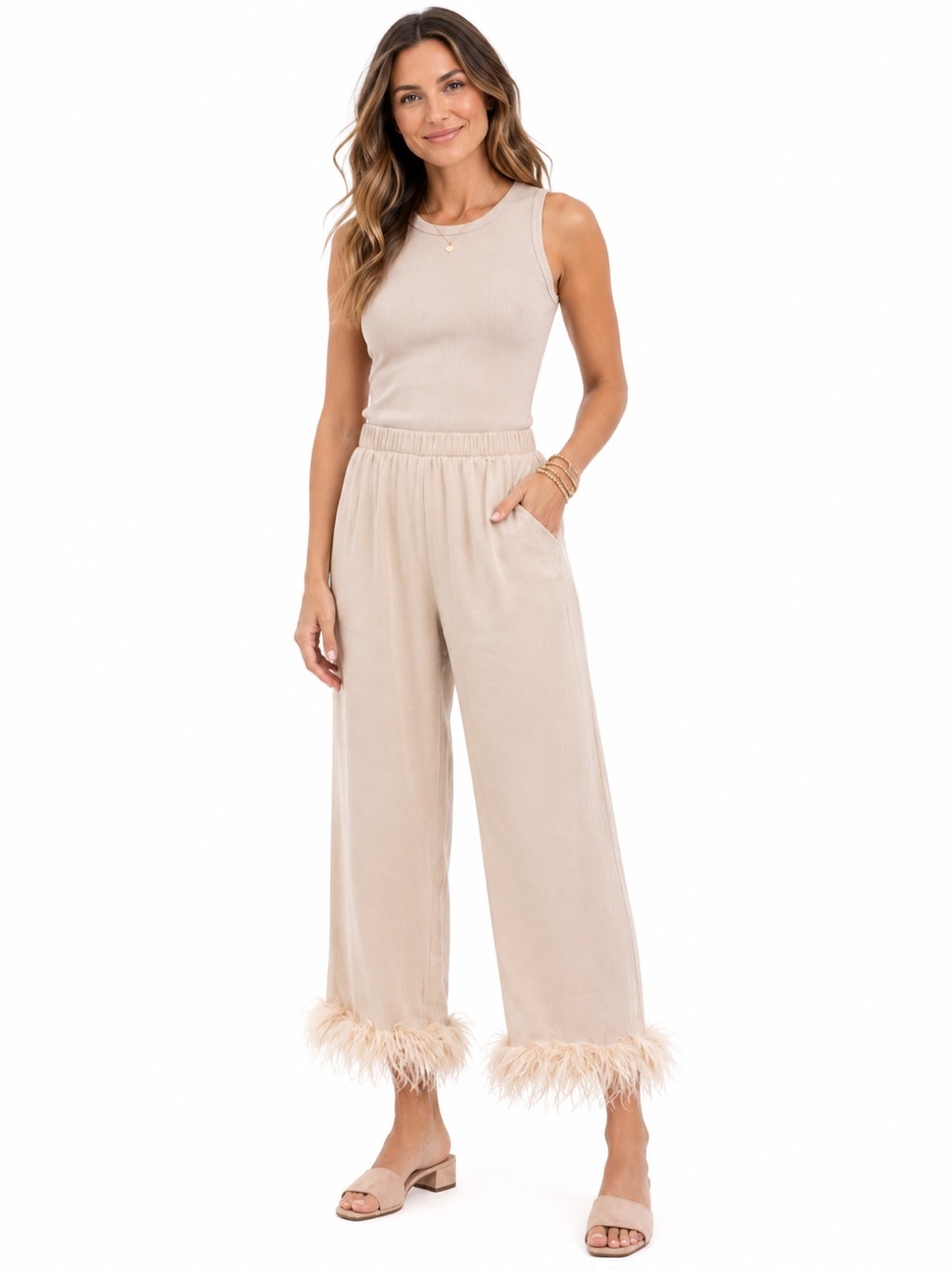 EUC On The Fifth Size Large Cream Feather Trim Pants With Pockets